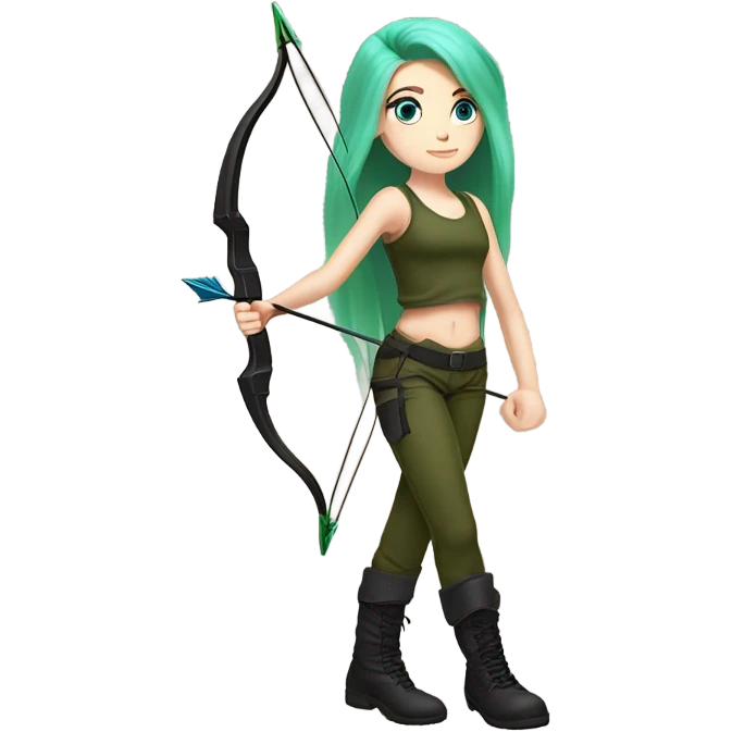 girl armed with bow and arrow, long pink hair, blue eyes, white skin, army green cargo pants, black tank top, black combat boots, elf ears emoji