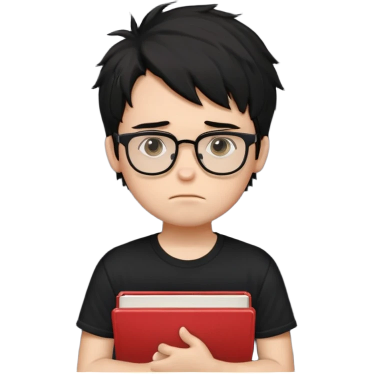 generate a pretty bratz fair skinned boy with black messy hair wearing a black tshirt looking bored n tired. Glasses on. holding books emoji