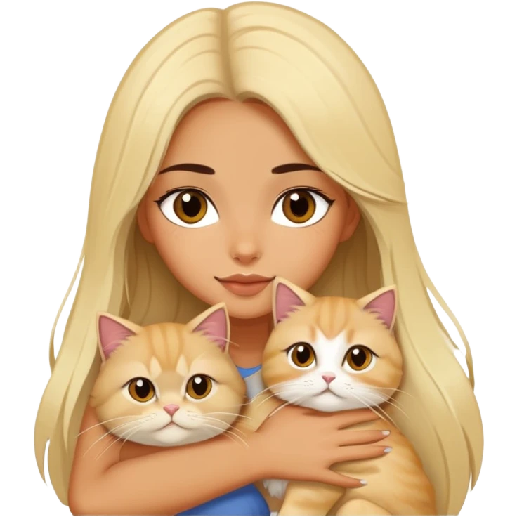 A pretty girl with long dark hair is hugging her blonde hair persian cat. emoji