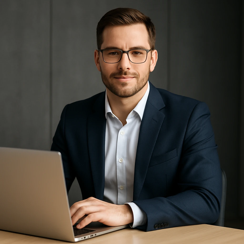 A 35-year-old male business coach sitting at a table with a laptop, professional and confident emoji