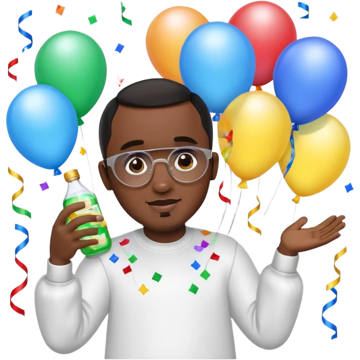 Diddy holding baby oil at a party with balloons and confetti and banners emoji