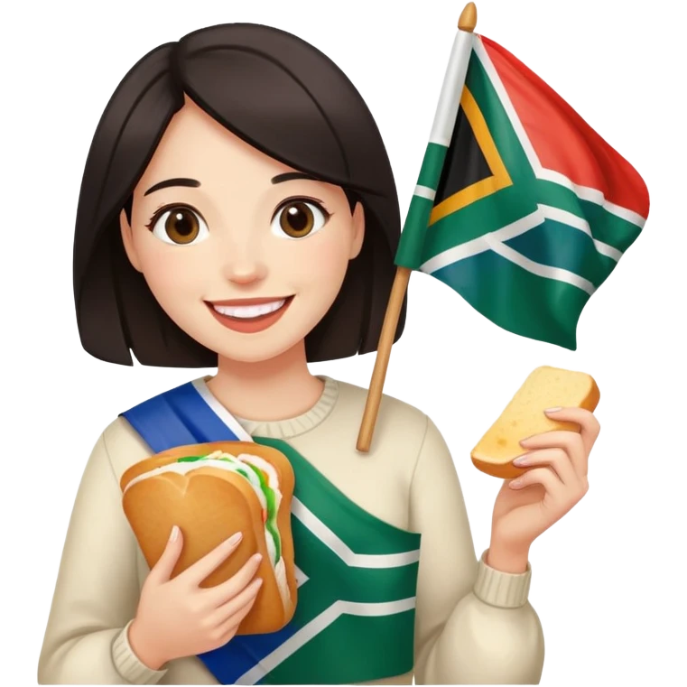 Lady with son (white dark hair) eating white bread and holding South African flag  emoji