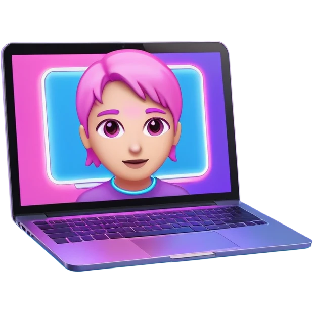 laptop computer with video call showing a person on screen, pink and light blue interface, with neon glow lines, blue neon light on top left, purple neon light on bottom right emoji