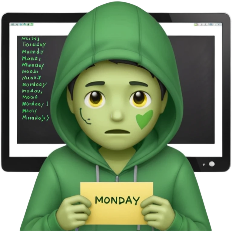 A sick programmer with a green face, hoodie, and code on screen, Monday written on a sticky note, emoji style emoji