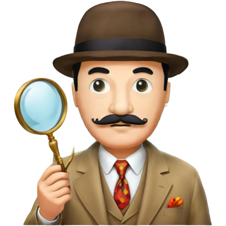 Icon for Detective Poirot: A colorful collage featuring Hercule Poirot in his iconic suit, with a mustache and a magnifying glass. Include a dark, mysterious city background and subtle clues like fingerprints or a crime scene. Retro movie poster style. Transparent background. emoji