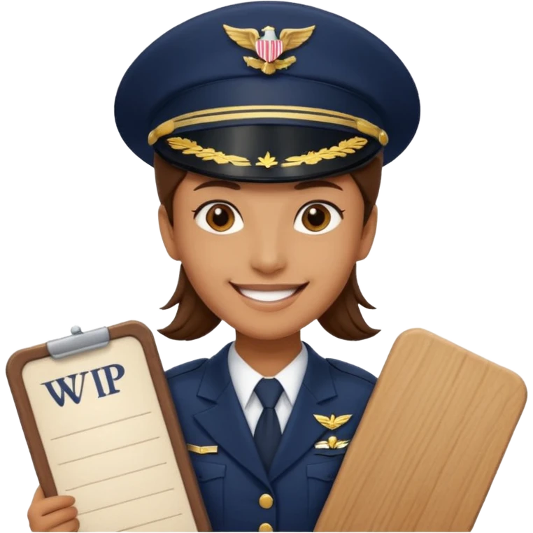 Slack-style emoji of a pilot wearing a navy captain hat holding a board with the text "WIP" on it emoji
