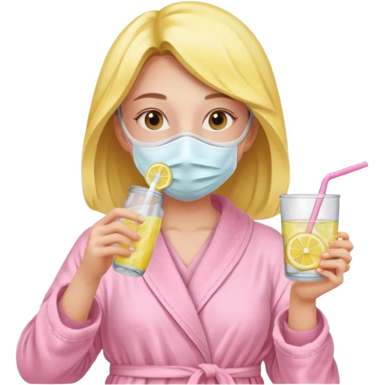 a girl drinking lemon water from a straw, she has a face mask on her and a light pink dressing gown emoji