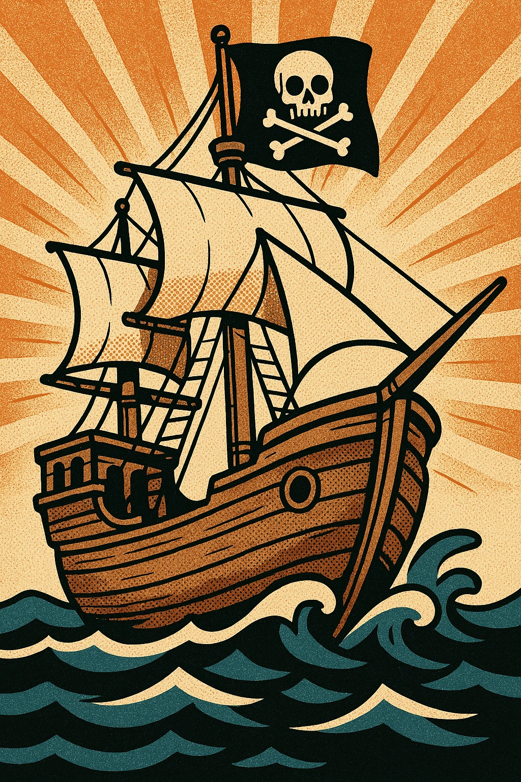 classic cartoon style pirate ship with skull and crossbones flag and wooden planks emoji