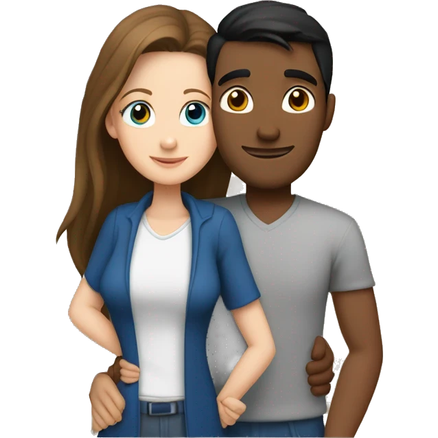 Couple embracing with arms around each other; white woman with blue eyes and brown hair, Indian man with black hair  emoji