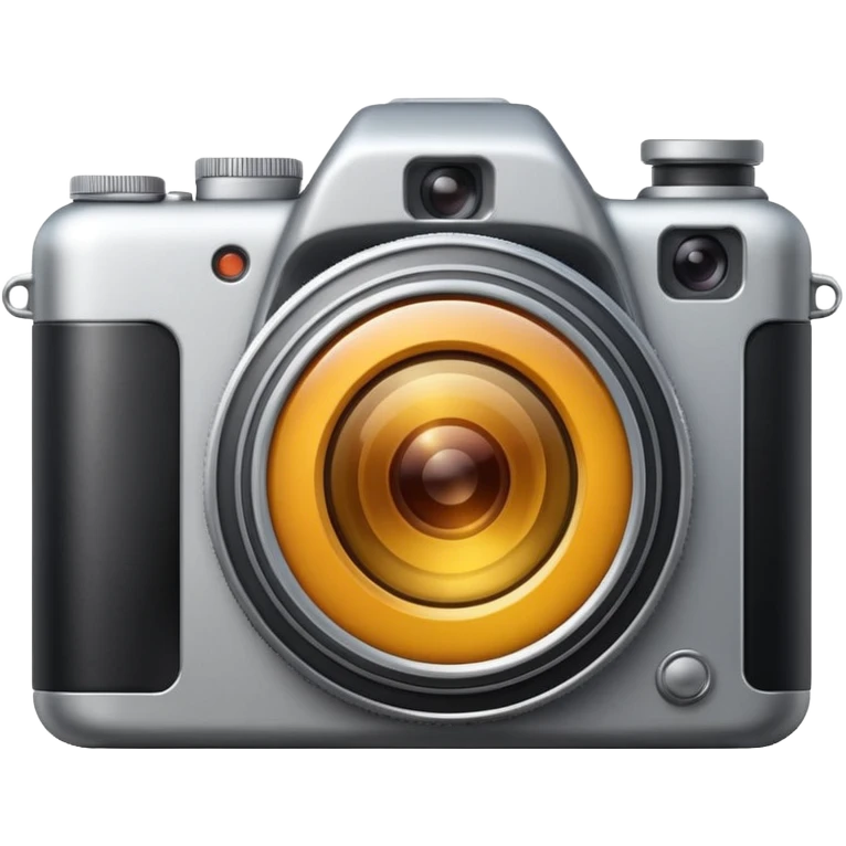 Minimal emoji icon of a modern metalic camera, front view, simple shapes, realistic lens,  emoji
