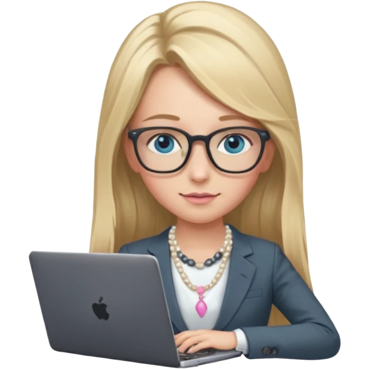Please take the girl with laptop emoji and make her glassess light brown, her eyes ocean blue and her nose a bit smaller and pointier and she has blonde very long hair and a dark grey suit and pearls necklace, and has a laptop in fron of her and a tiny pink bow on the left side of her head emoji