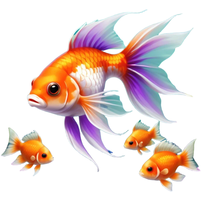 Large aquarium fish like veil tails and lionhead goldfish swimming gracefully in a beautifully decorated aquarium. Colorful aquatic plants, smooth rocks, and gentle bubbles surround the fish. The water shimmers in sunlight, creating a peaceful and vibrant underwater scene. Transparent background. emoji