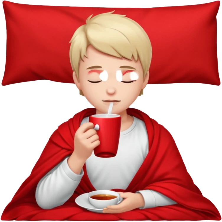 A European boy is sitting comfortably under a blanket, wrapped in a red blanket, drinking tea with his eyes closed. emoji