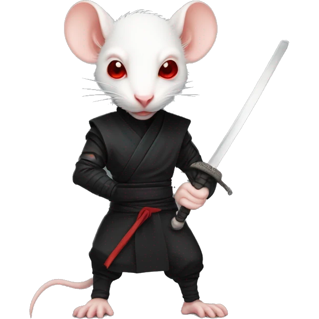 Albino rat red eyes wearing a headband, black ninja costume, dramatic pose, holding sword emoji