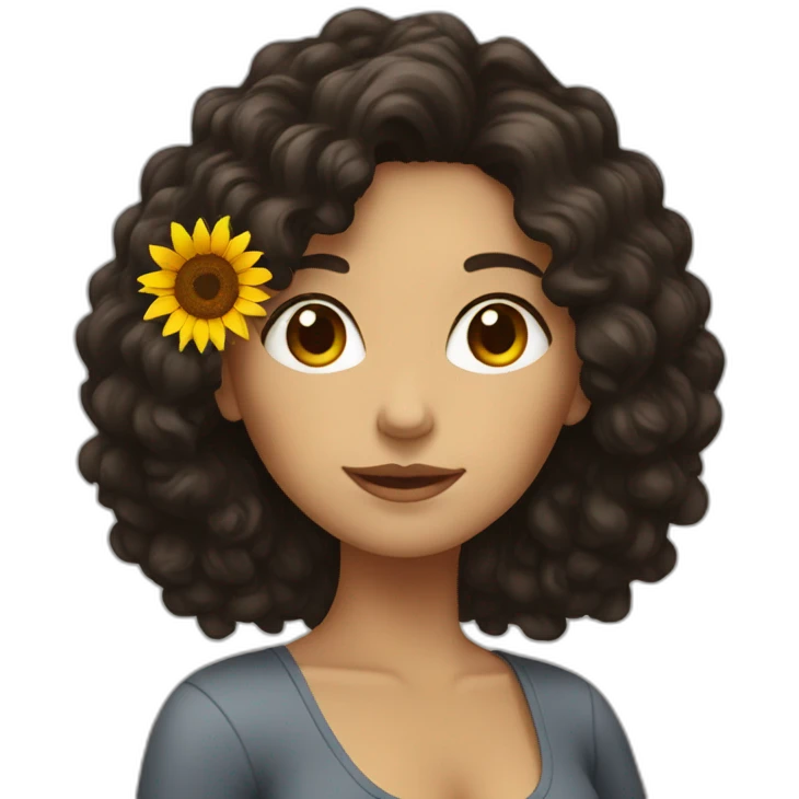 White woman with dark curly hair holding a sunflower emoji