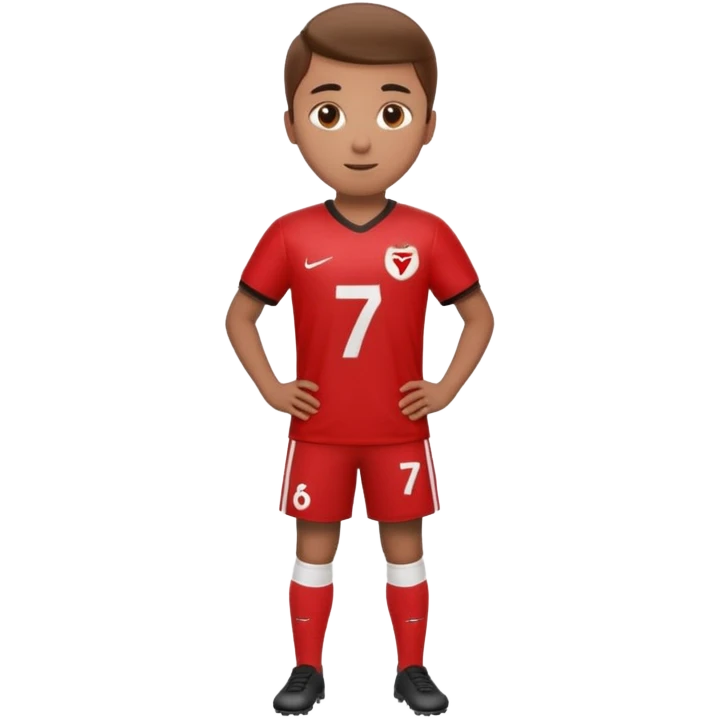 Apple iOS emoji style 20-23 year old soccer player standing hands on waist, red jersey #7, glossy 3D, clean background emoji