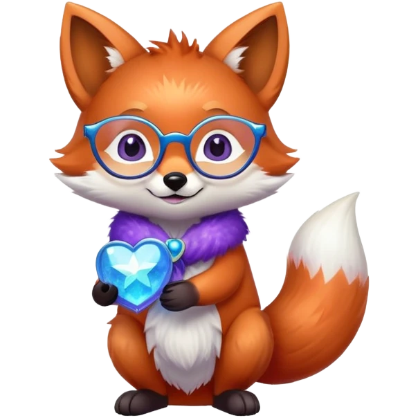 A small magical fox with shimmering purple and blue fur, a glowing fluffy tail, a silver star on its forehead, and round glasses, holding a tiny magical lantern, hugging a big red heart and smiling warmly. 🦊❤️ emoji