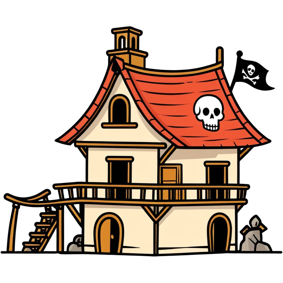 old pirate's house with skull flag emoji