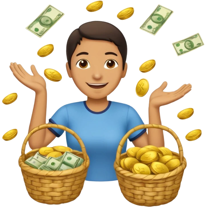 baskets, some overflowing with money, others with colombian arepas in the background a very happy person ridiculously throwing money around emoji