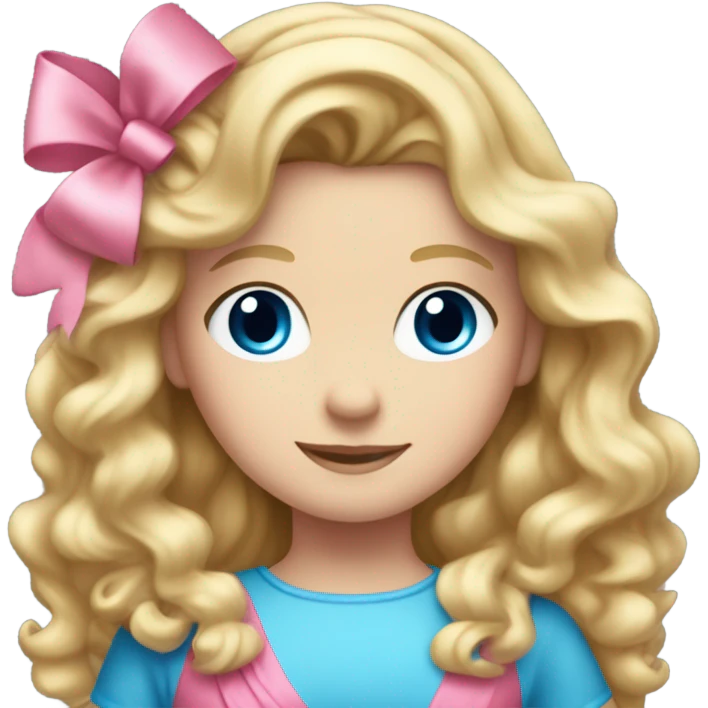 A 11 year old white girl with long wavy blonde hair and blue eyes with a pink bow in her hair wearing a pink dress  emoji