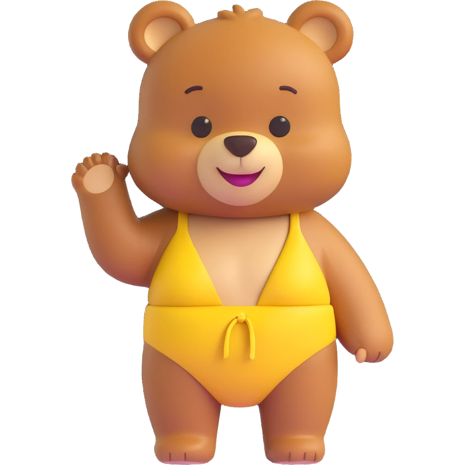 cute brown bear wearing a yellow two-piece bikini, smiling emoji
