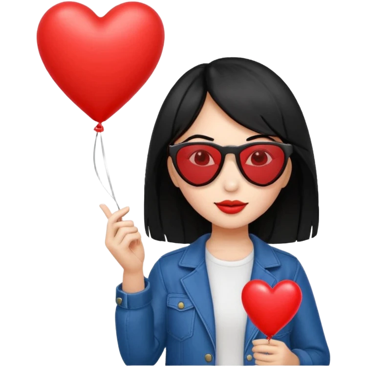 black hair girl with sun glasses holding red heart balloon emoji