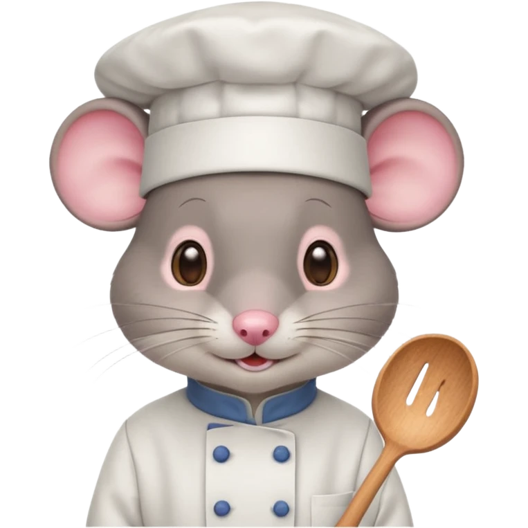 gray mouse with large round ears, brown eyes, and a small pink nose. The mouse is wearing a white chef’s hat and has a friendly, slightly open-mouthed expression emoji