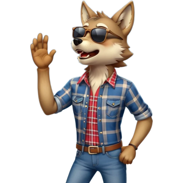 friendly anthropomorphised wolf in jeans and plaid shirt, wearing dark sunglasses, howling with the moon in the background, dynamic pose emoji