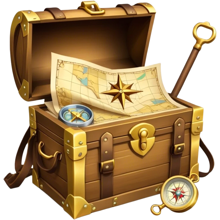 An icon featuring a treasure chest overflowing with gold, a treasure map with a compass rose, a backpack, and a shovel. The map guides the way, symbolizing the adventure of treasure hunting. Set against a transparent background, the design evokes excitement and exploration. emoji
