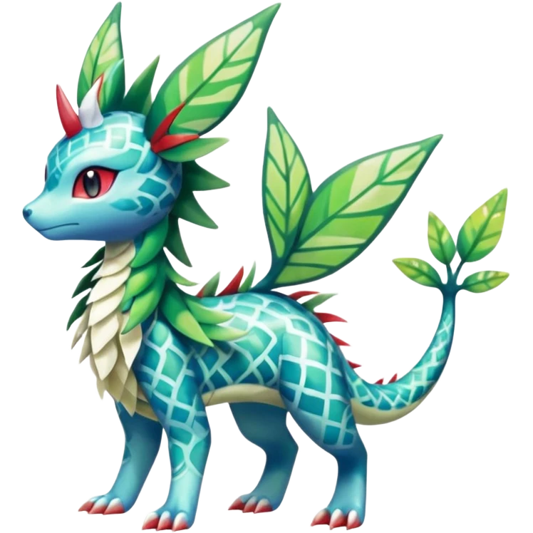 Shiny Scaley Marked Patterned Colorful Tropical Shaymin-Vaporeon-Sceptile-Flygon-Meloetta-Pokémon-Fakémon-fusion, full body emoji