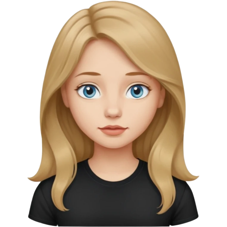 a girl with dark blonde hair, light blue small eyes, a slightly wide nose and medium lips, slightly wavy and long hair, wearing a black T-shirt emoji