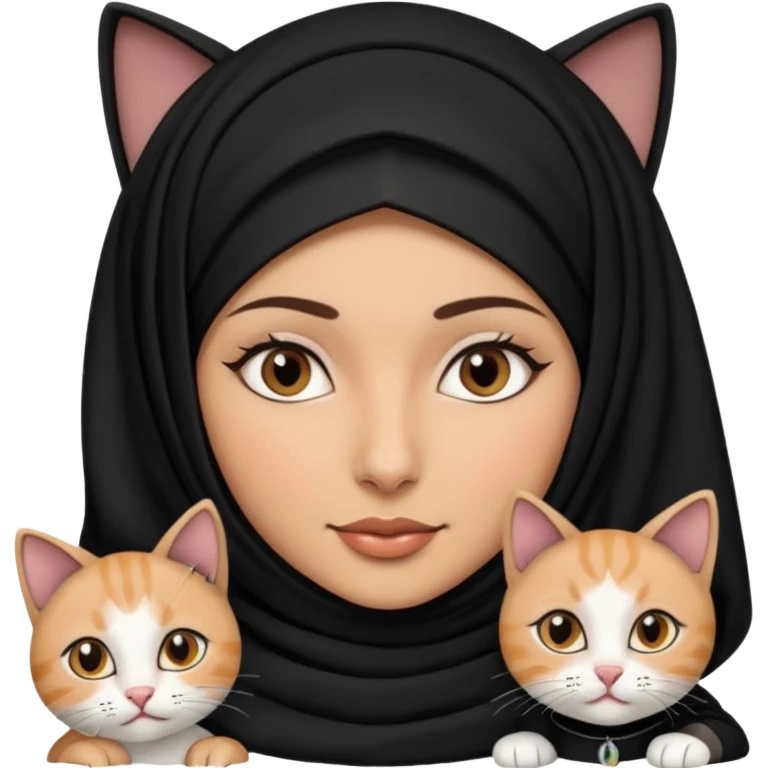A Arabic woman human with brown eyes and black hijab. , the human is a human, two cats, the both cats is blackwhite,,  NO CAT EARS ON THE HUMAN ,  emoji