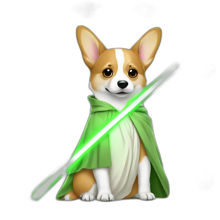 Corgi dress as yoda with one light saber green emoji