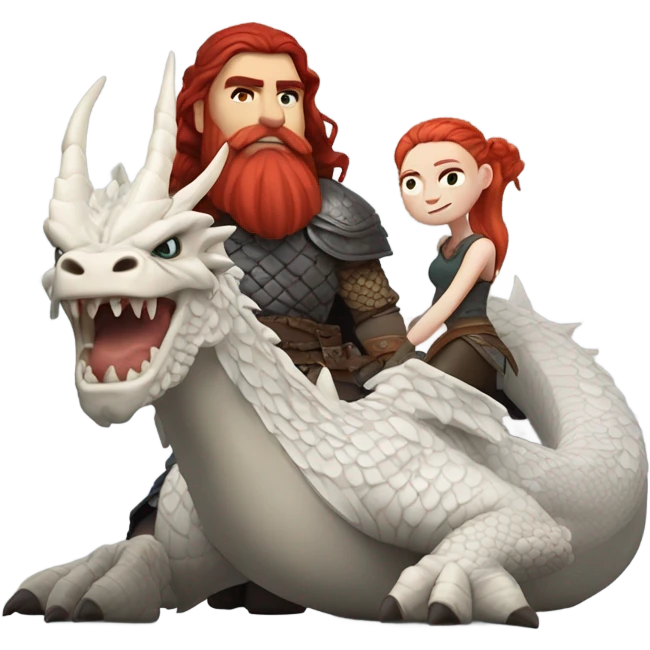  White Viking red head pale skin beautiful dragon  queen with a killed Viking solder with a dark man bun laying down on a dragon  emoji