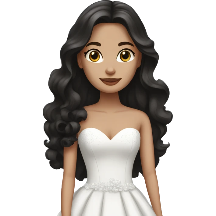 White bride with wavy dark brown long hair, blue eyes in a black wedding dress emoji