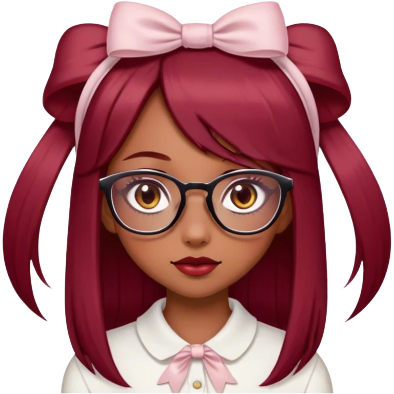 Beautiful girl with light brown skin, almond-shaped eyes, long straight hair, "dark cherry red" hair color, delicate and pretty glasses, small bow on her head and clean girl aesthetics  emoji