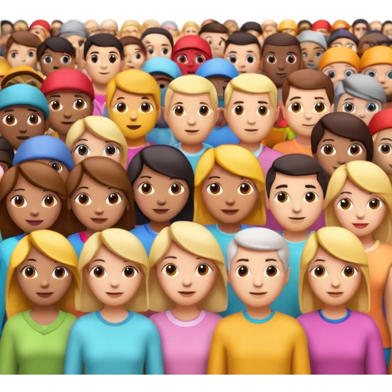 3D iPhone style emoji of a crowd of people, diverse individuals standing close together, colorful clothing, isolated on white background, soft shadows, high detail, playful and cute. emoji