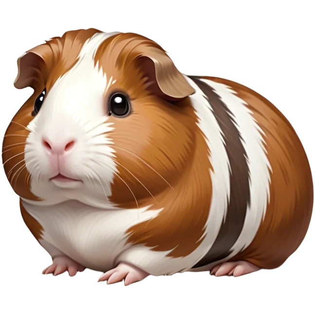 Cinematic Noble Brown and White Banded Guinea Pig Portrait Emoji, Poised and regal, with a compact, chubby build and a uniquely patterned coat of warm brown and crisp white banding, deep-set soulful dark eyes, Simplified yet sharp and sophisticated features, highly detailed, glowing with a soft, dignified glow, high shine, intelligent and charming, stylized with an air of distinctive elegance, focused and attentive, soft glowing outline, capturing the essence of a watchful and confident companion, so majestic it feels as though it could scurry out of the screen with effortless authority! emoji