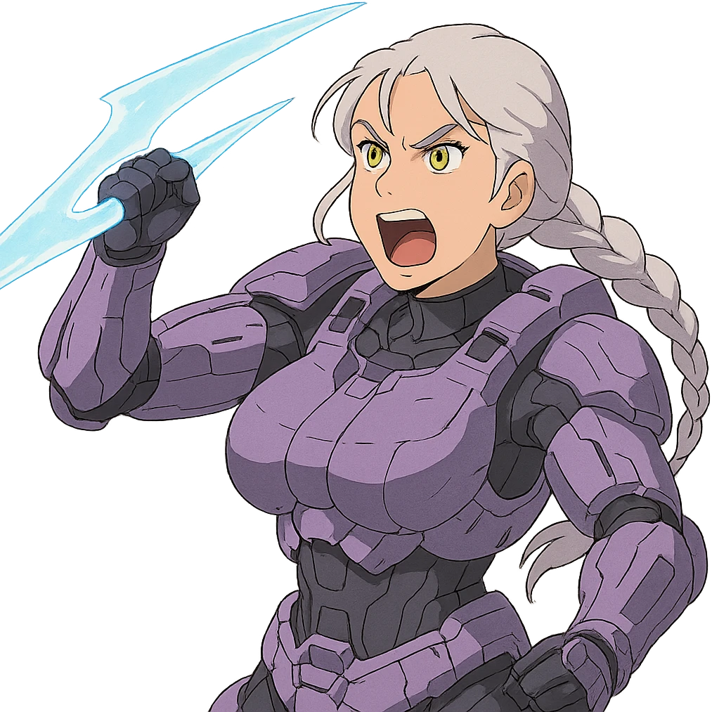 female, wearing reach spartan armor default, long white braid hair, gold yellow eyes, attention pose, HALO:series, no helmet, the armor is lavender color scheme, shoulder pad off. DDD bust size fitting. Punk gothic cyberpunk, brandishing a covenant energy sword, preparing to swing and yelling emoji