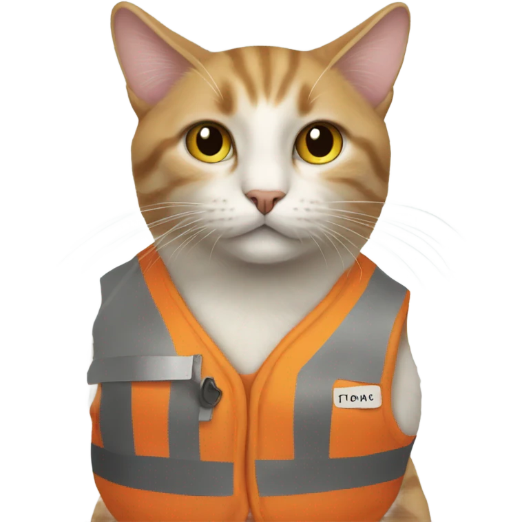 cat with a sign and an orange vest emoji