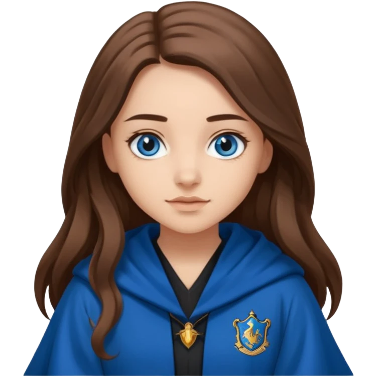 gorgeous Girl with light skin, blue eyes, long brown hair, wears ravenclaw black and blue robes  emoji