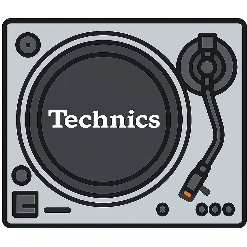 flat vector icon of a Technics turntable, simplified shapes, silver and black, clear tonearm and platter emoji