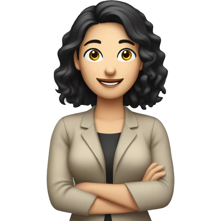 woman editor with smile, white skin, black hair, right hand up emoji