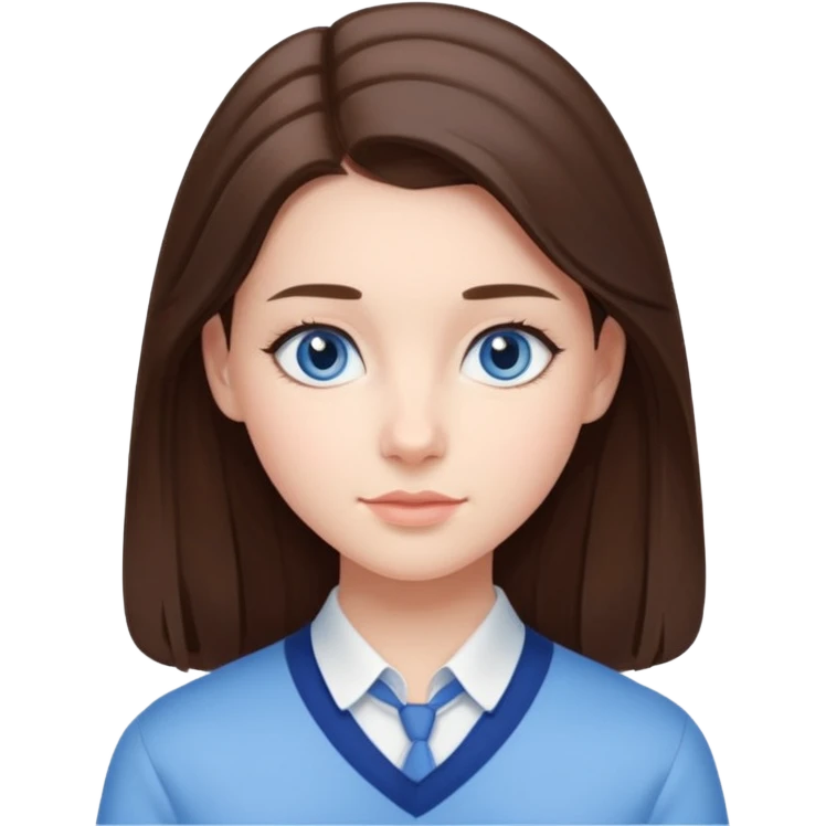 Realistic Student Portrait, with porcelain-like skin featuring a natural rosy flush, iHer Brunette Half-Up Style for Straight  hair flows in soft, Her deep blue eyes radiate warmth and innocence,  wear light blue preppy style. emoji