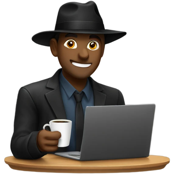 Guy in black hat drinking coffee and has laptop  emoji