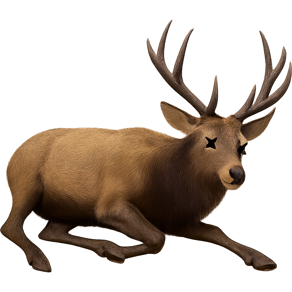 Make the elk appear dead, lying on its side with cartoon X's for eyes, no blood, keep the exact same photorealistic style and details, transparent background. emoji