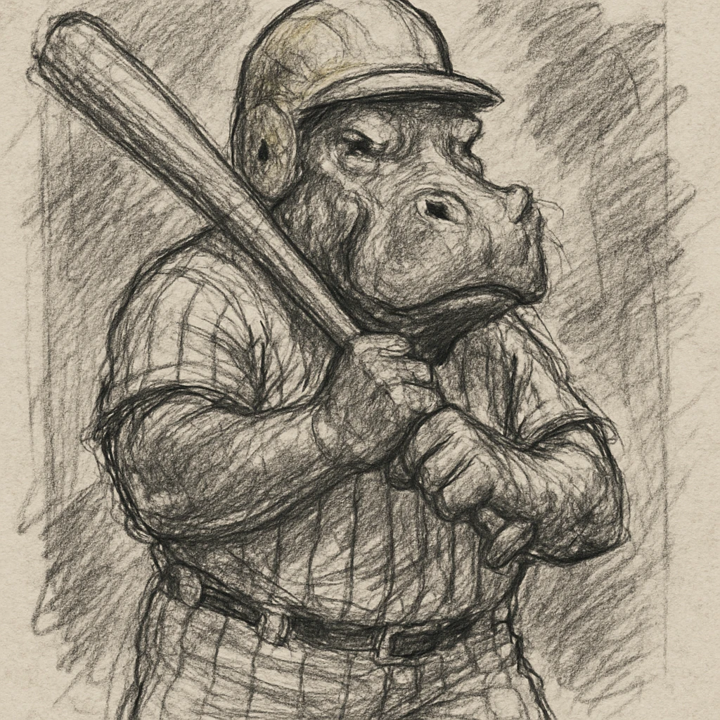 hippo holding a baseball bat, wearing a yellow helmet, pinstripes outfit emoji