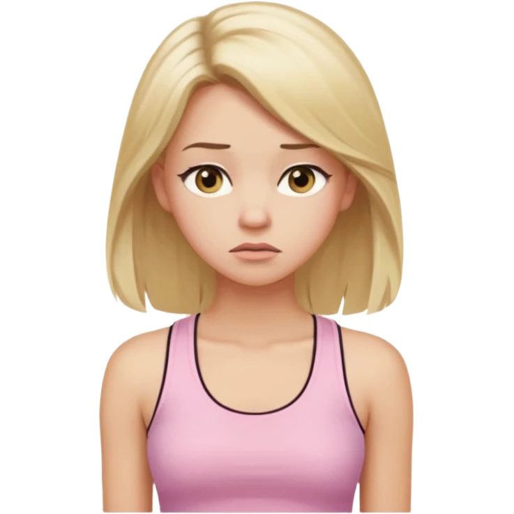 Create a young woman with long blonde hair, golden eyes, and medium-light skin tone, wearing a light pink tank top and leggings. She should be in portrait mode, but with a subtle doubting facial expression—slightly raised eyebrow, small frown, .  and her hand next to her chin likethinking face emoji emoji