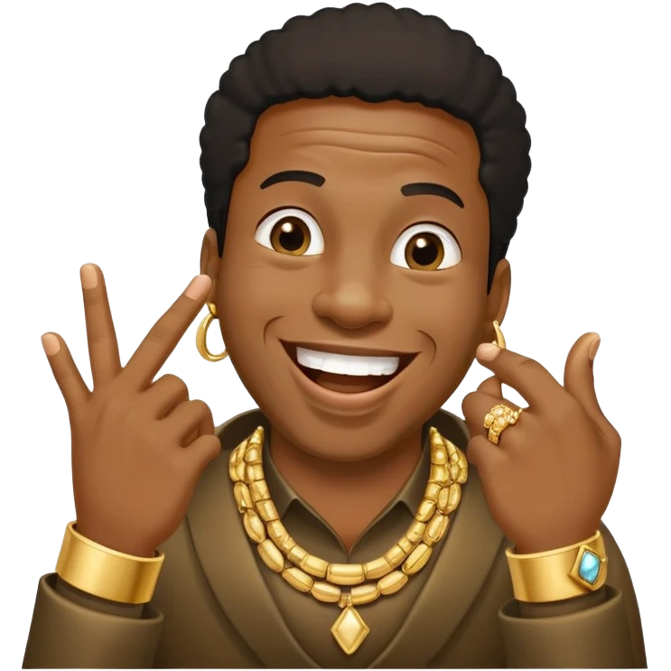 Giggling black man with jewelry covering his mouth with his right hand with one thumb and four fingers only emoji