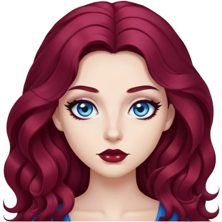pretty long hair wavy dark wine red hair baddie with black eyeliner and blue eyes emoji
